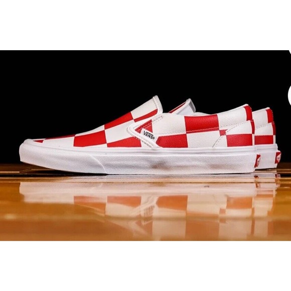 Vans Leather Red White Check Classic Slip-On Shoes Mens 13 New Fast Ship - Picture 3 of 12
